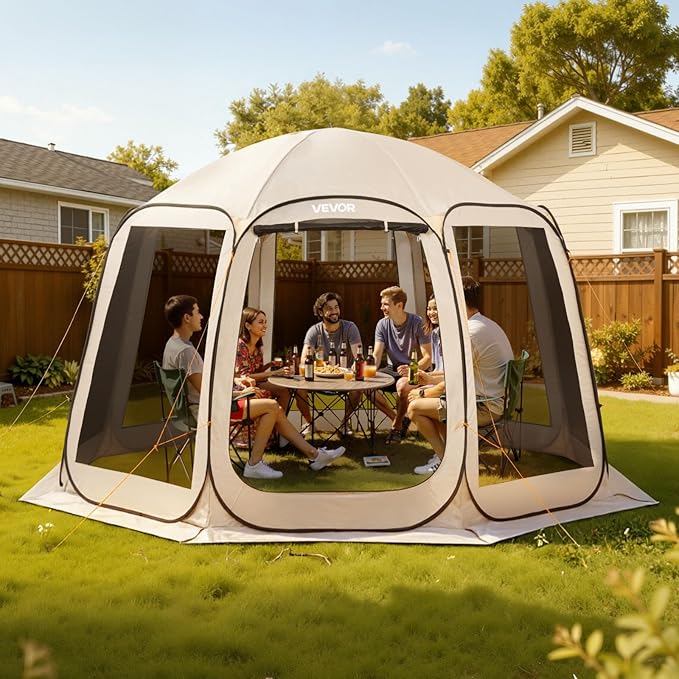 VEVOR 12 x 11 ft Pop up Screen House Tent, 10-12 Person Screen Gazebo w/Carry Bag, Netting Sides & Ground Stakes, Quick Setup, Screened in Canopy for Garden, Patio & Backyard, Outdoor, Beige