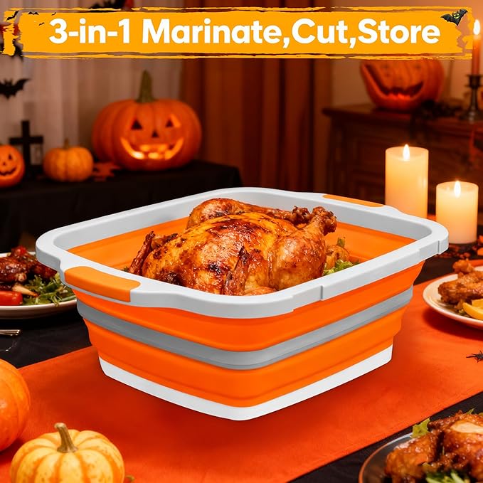 Collapsible BBQ Prep Tub with Cutting Board & Lid, Folding Food Container BPA-Free Heavy-Duty, Dishwasher Safe, Upgraded Drain Hole - for Camping, Grilling Outdoor Cooking (Orange, X-Large)