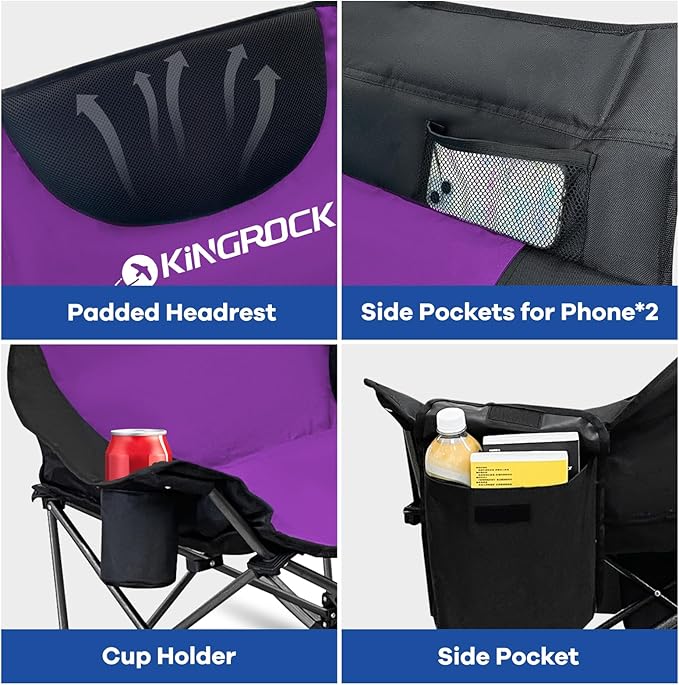 KINGROCK Oversized Rocking Camping Chair with Headrest and Carry Bag, 260LBS Capacity Folding Portable Camp Chairs for Adults, Recliner for Outdoor, Beach, Fishing, Travel, Sports Games,Purple