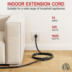 16/3 Short Extension Cord 10 FT, Black Extension Cord Flexible & Durable, Indoor 3 Prong Power Cable, Suitable for Home and Office, 13 Amp 1625 Watt 125VAC 16AWG, ETL Listed