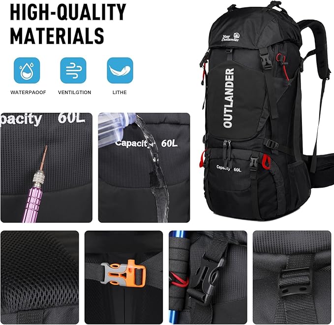 Hiking Backpack Camping Light Travel Backpack for Men Women with Shoe Compartment Rain Cover Can Hang Water Bag Green Blue Black Optional for Hiking Camping Traveling 60L Capacity