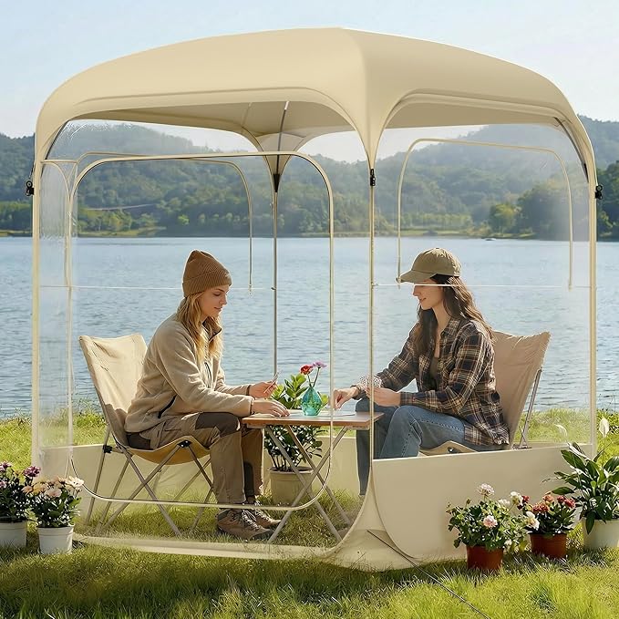 Instant Pop-Up Bubble Tent, 6x6ft Transparent Outdoor Shelter with top Cove, 360° View, All-Weather & Windproof for Camping, Beach, Backyard, Events (4-6 Person,Beige)