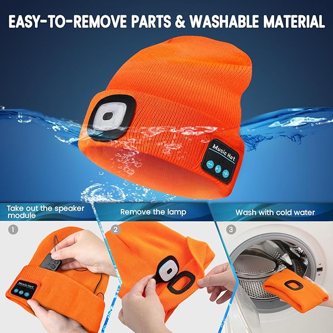 VIBELITE Bluetooth Beanie Hat with Light, Gifts for Men, USB Rechargeable LED Headlamp with Wireless Headphones,Birthday Gifts for Men, Dad, Him, Teen Boys, Husband, Women, Boyfriend, Orange