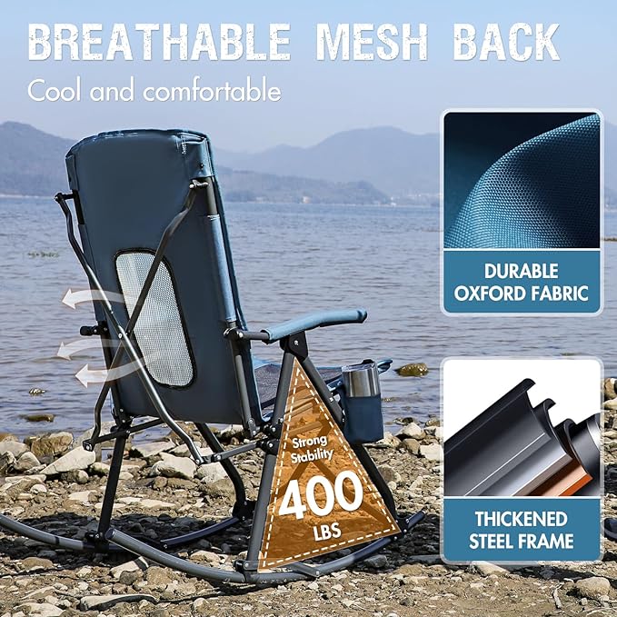 PORTAL Oversized Folding Rocking Camping Chair Portable Outdoor Rocker with High Back Hard Armrests Carry Bag, Supports 400 lbs