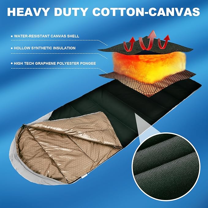 Winter Cold Weather Sleeping Bag for Adults 0 Degree,Cotton Canvas with YKK Zipper Compact Backpacking Mummy Camping Sleeping Bag