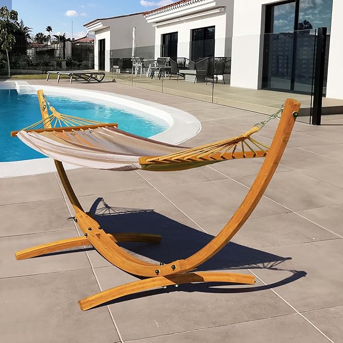 Lazy Daze Hammocks 10.5 FT Outdoor Arc Wood Hammock Stand, 2 Person Hard Pine Wood Hammock Stand with Carabiners and Chains for Patio Indoor Outdoor Garden Poolside, 300lb Capacity, Natural