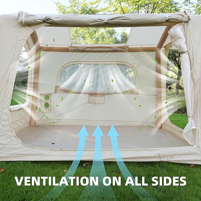 KEIKI Oxford Hot Tent for Camping, 2/3/4/6/8 Person Large Inflatable Tents w/Detachable Canopy, 4 Season Waterproof Tent for Hike Backpacking, Stove Jack AC Port, Mesh Doors Windows, Pump, Easy Setup
