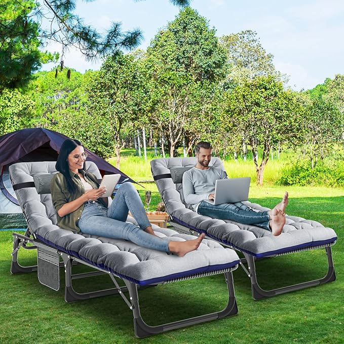 LILYPELLE Folding Outside Chaise Lounge Chair with Mattress, 5 Position Adjustable Patio Reclining Chairs Perfect for Outside, Sunbathing, Camping, Pool, Beach, Grey