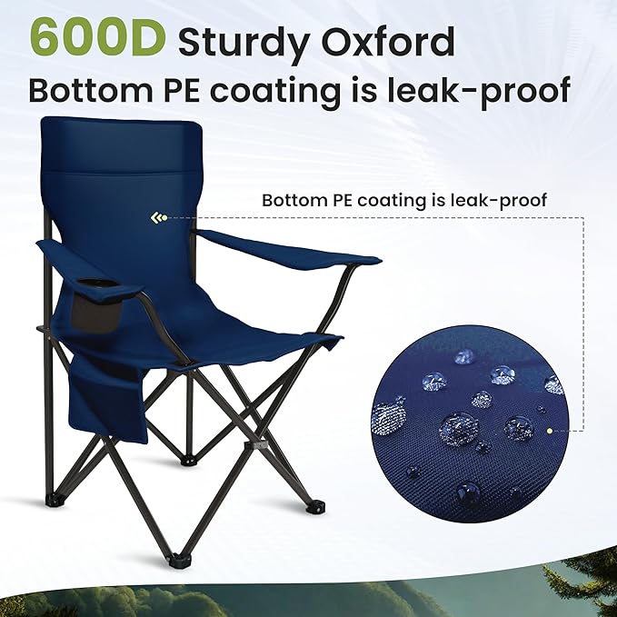 Portable Camping Chair 2 Pack, Folding Outdoor Chair with Cup Holder & Side Pocket for Camping, Hiking, Picnic, Beach (Navy Blue)