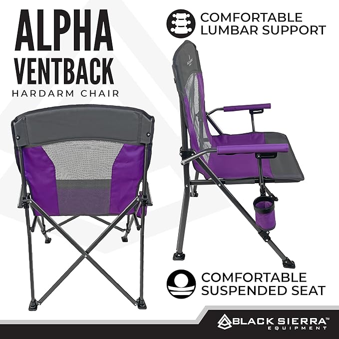 Black Sierra Camping Chair – Folding Portable Lawn & Beach Chair with Padded Hard Armrest, Mesh Vented Back, Spacious, Cup Holder, Carry Bag – Supports 300 lbs for Sports