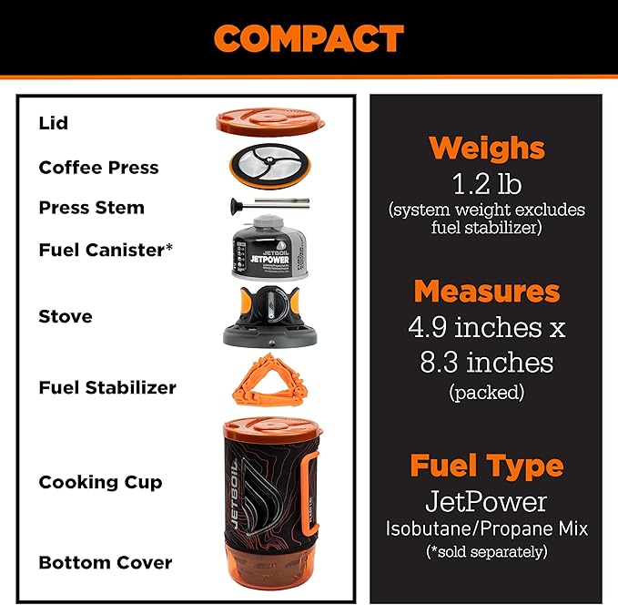 Jetboil Flash Java Portable Fast Boil Stove and Coffee Press for Camping and Backpacking, 1-Step Auto Ignition, Propane/Isobutane Burner