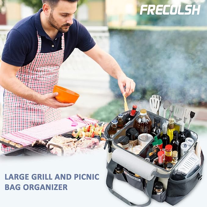 Large Grill Caddy - BBQ/Tailgating Accessories, Insulated Condiment Holder - Camping, Picnic, BBQ, Tailgating, Family Gathering - Ivory-Grey, 1 Gallon, 16"W x 11"D x 11.5"H