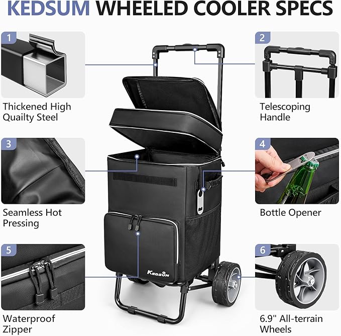 KEDSUM 84-Can Large Cooler with Wheels, 100% Leakproof Wheeled Cooler with 7" Big Wheels & Widen Wheel Track, Backpack Coolers Ideal for Beach, Camping, Fishing & Travel, Telescoping Handle