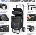 KEDSUM 84-Can Large Cooler with Wheels, 100% Leakproof Wheeled Cooler with 7" Big Wheels & Widen Wheel Track, Backpack Coolers Ideal for Beach, Camping, Fishing & Travel, Telescoping Handle