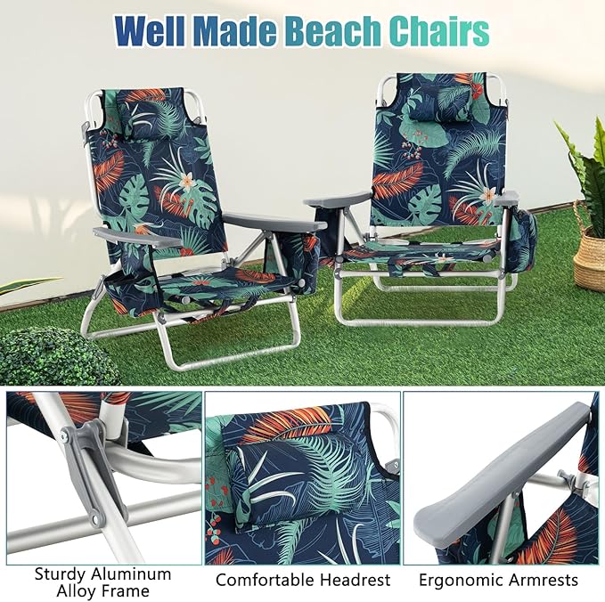 GYMAX Beach Chairs, Backpack Camping Chair with Armrest, Cooler Bag, Cup Holder, Towel Bar & Side Pockets, Sunbath Sling Tanning Lounge, Folding Layout Chair (4 Chairs Without Table, Flower)
