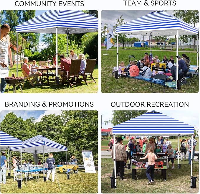 Nazhura 10' x 10' Pop Up Canopy with Sand Weight Bag, Awing for Patio, Freestanding Sun Shelter for Picnic and Camping, One Person Setup, White (Blue Stripe)