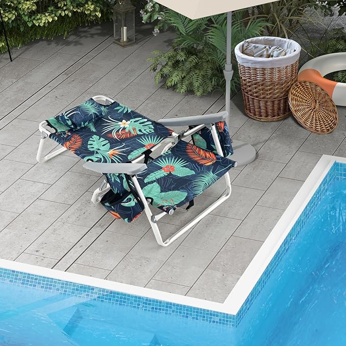 Giantex Folding Beach Chair, Patio Sling Chairs with 5 Adjustable Position, Head Pillow, Storage Bag, Towel Bar, Cup Holders, Backpack Chairs for Sunbathing, Camping Chair