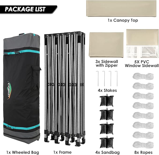 COBIZI 10x30 Heavy Duty Pop up Canopy with 8 sidewalls Party Tent for Parties Weddings Events UPF 50+ Waterproof Commercial Gazebo with Roller Bag, Khaki(Frame Thickened)