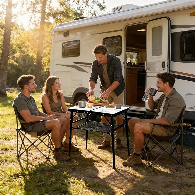 Small Folding Camping Table, 2ft Portable Table with 3 Adjustable Heights, Aluminum Lightweight Foldable Picnic Table with Mesh Layer and Extension Legs for RV, Camp and Indoor (Black Frame)