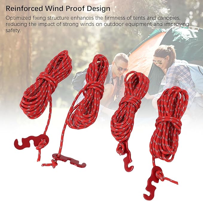 4 Pack Tent Guy Lines with Tensioners, 13ft Reflective Camping Rope, Adjustable Tent Tie Down Ropes for Canopy, Hiking, Backpacking, Outdoor Shelter