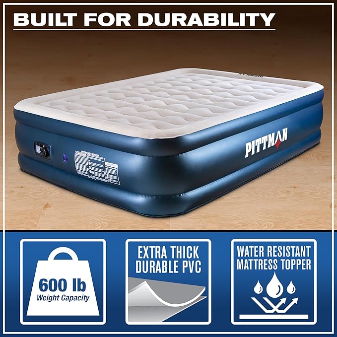 Pittman Outdoors - 20" Luxury Air Mattress Queen with Built in Pump, Premium Comfort Queen Size Blow up Mattress, 700lb Capacity - Ideal for Home Visits, Guests, Travel or Camping, Includes Carry Bag