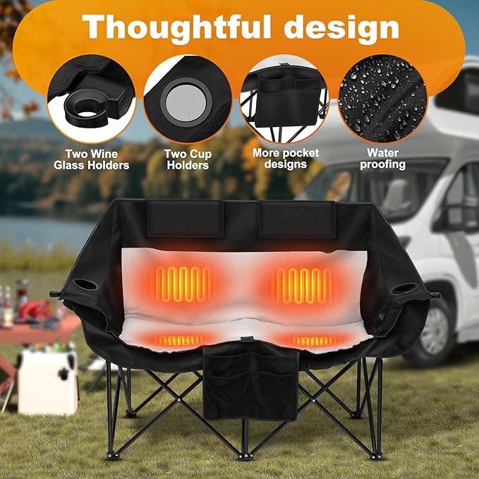 Heated Double Camping Chair with 2 20000mAh Battery Pack, 2 Control Switches 2-Person Loveseat, 550 lbs for Outdoor Sports, Picnics, Rugby Match, Lawn. Make Your Autumn and Winter Warmer