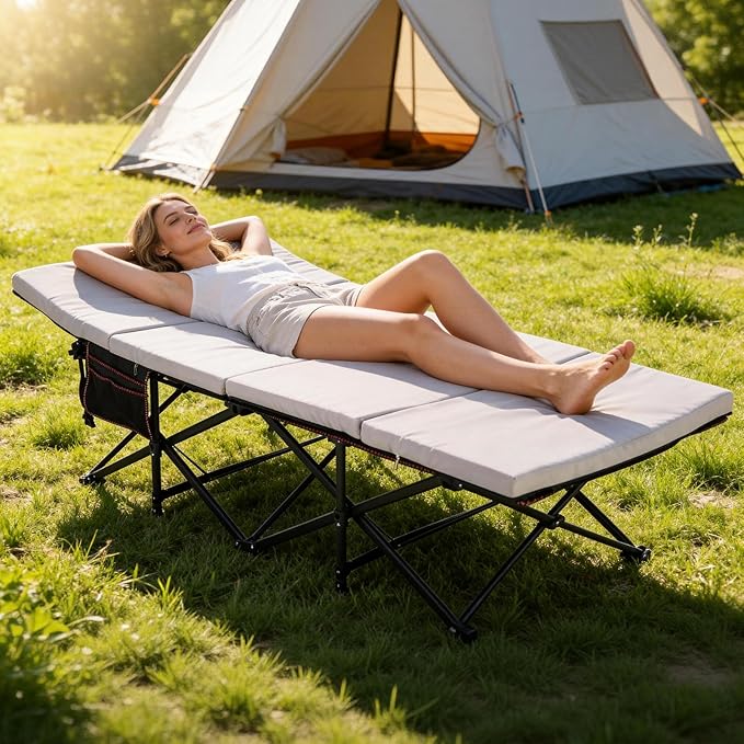 Slsy Oversized Camping Cot with 2" Memory Foam Mattress, Upgraded Padded Folding Cot Bed with Carry Bag, Portable Sleeping Cot for Camping, Travel, Beach & Hiking