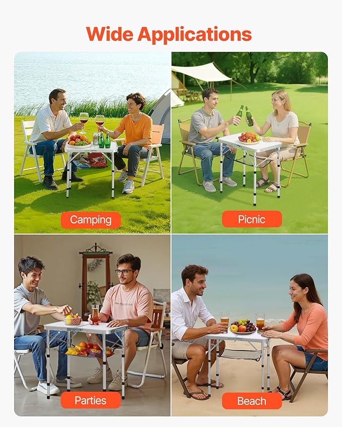 VEVOR Folding Camping Table, Adjustable Height Aluminum MDF Outdoor Portable Lightweight, for Cooking, Beach, Picnic, Travel, 24 x 16 inch