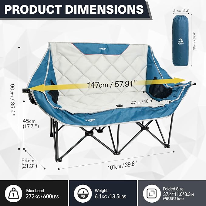 Double Camping Chair, Padded Oversized Camping Loveseat for Adults 2 Person Couch Two Seat Support 600LBS Heavy Duty Folding Camp Lawns Chairs for Outdoor Beach Backyard Tailgating Sports