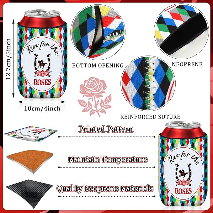 Kentucky Horse Derby Can Cooler Sleeves, 18-Pack Neoprene Derby Beverage Coolers Derby Party Supplies with 9 Unique Designs for Beverage Insulation Cup Decorations