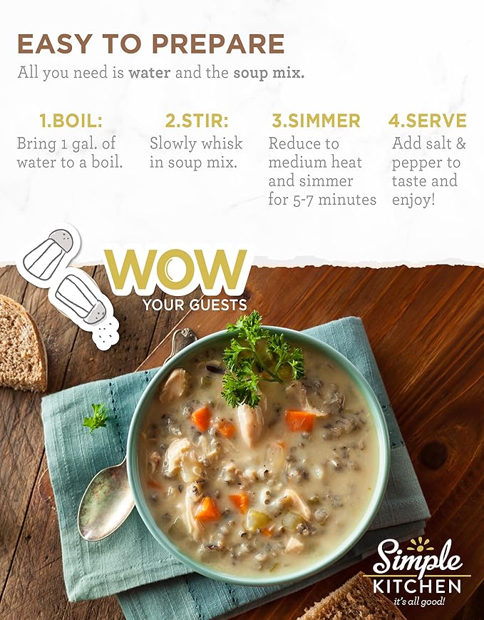 Simple Kitchen Chicken with Wild & White Rice Soup Mix - 17 Servings for Meal Prep, Gluten Free, Dehydrated & Freeze Dried Survival Food, Camping Meals, Backpacking & Hiking, Survival Kit, Pack of 4