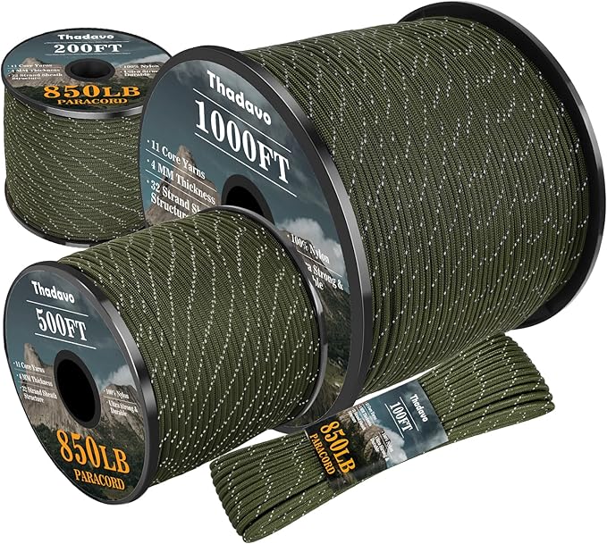 Paracord Reflective Rope 850Ib, 50/100/200/500/1000ft 4MM 11 Strand Parachute Cords, Tactical Paracord String for Camping, Fishing, Clothesline, Hammock, Tent, Bracelet, Army Green 500FT