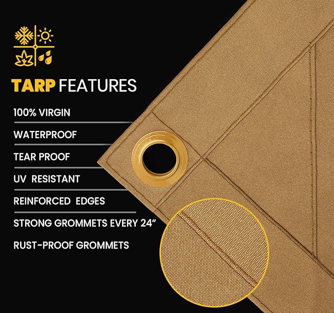 PROTARP Heavy Duty 14 OZ Water Resistant Canvas Tarp, UV Resistant Tarpaulin Cover with Rustproof Brass Grommets, Multipurpose for Canopy, Roof, Camping, Woodpile (Tan 20'X40')