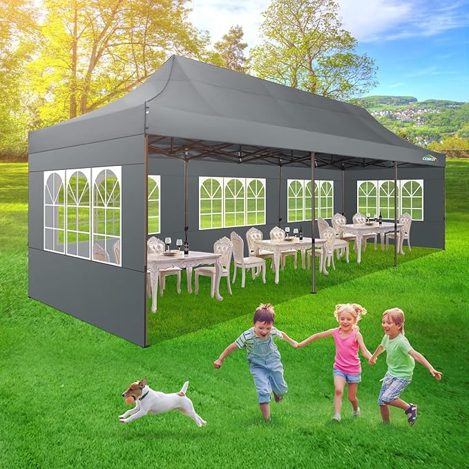 COBIZI 10x30 Heavy Duty Party Tent, Commercial 10x30 pop up Canopy for Parties Waterproof Gazebos with 8 Sidewalls, All Season Wind & Waterproof UPF50+,Stable Thickened Frame, Gray