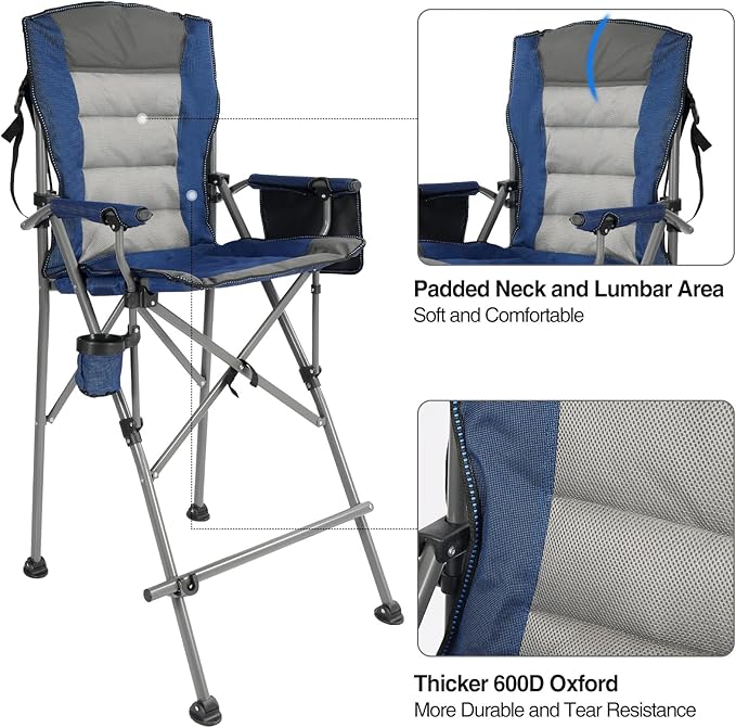 Extra Tall Folding Chairs for Adults 2 Pack, Portable Bar Height Foldable Director Chairs for Camping Outside, Comfortable with High Back and Footrest, Blue