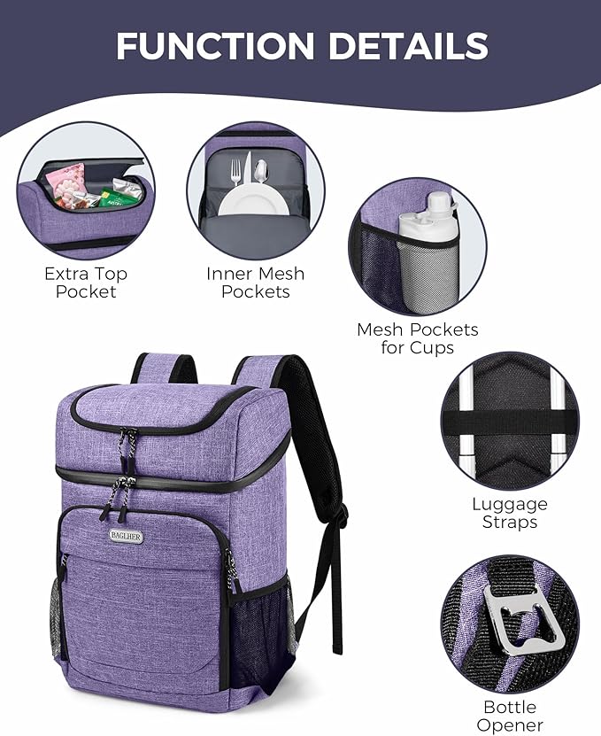 BAGLHER Lightweight Insulated Cooler Backpack - 30 Cans, Leak-Proof for Lunch, Picnic, Hiking, Camping Trips
