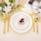 bUCLA 300PCS Gold Disposable Dinnerware Set - White and Gold Plastic Plates - Include 50 Each (Dinner&Dessert) Plates,50 Knives,50 Forks,50 Spoons,50 Cups for Party