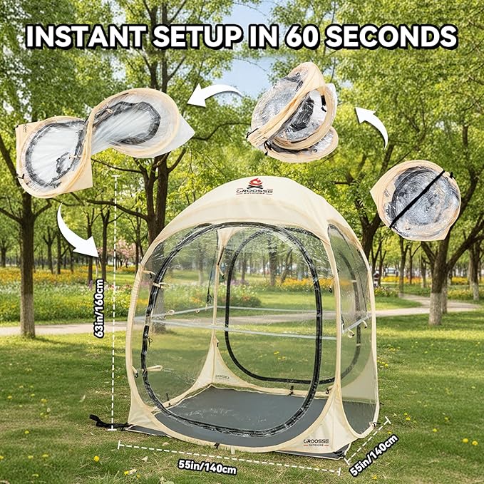 Sports Tent Pop Up Shelter – Waterproof Outdoor Bubble Tent with Floor Mat & Top Cover, 2/4 Person Clear Bubble Tents for Sports Events, Camping, Cheering and Fishing