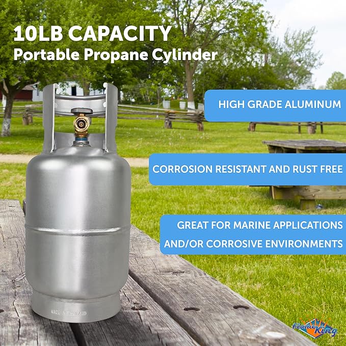 Flame King 10LB Aluminum Propane Tank with OPD Valve, Corrosion-Resistant and Rust-Free, Lightweight, Great for Marine Applications, Grills and BBQs, Camping, Fishing, & Outdoor Activities