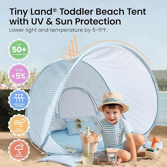 Tiny Land Baby Beach Tent – Pop Up Baby Tent with UV Protection, Portable Baby Beach Essentials, 35.4"x27.6"x31.5" Sun Shelter for Infants, Baby Summer Outdoor Use (Light Blue Gingham)