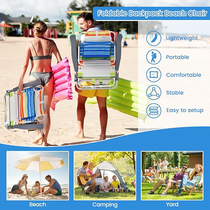 Tangkula Set of 2 Backpack Beach Chair, 5-Position Lay Flat Beach Chairs with Cooler Bag, 2 Cup Holders, Towel Bar, Lightweight Folding Beach Chair with Backpack Straps, Yellow