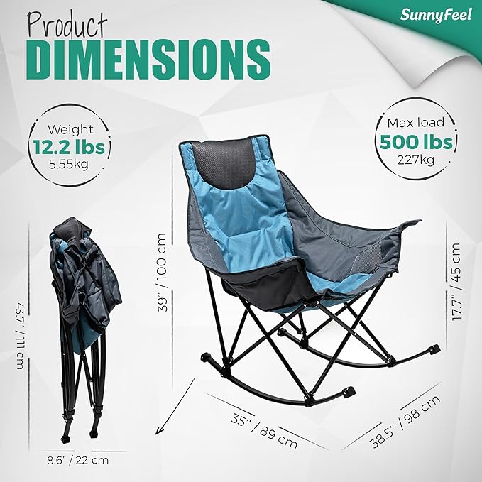 SUNNYFEEL Rocking Camping Chair 2 Pack, Luxury Padded Recliner, Oversized Folding Lawn Chair with Pocket, Heavy Duty for Outdoor/Picnic/Lounge/Patio, Portable Camp Rocker Chairs with Carry Bag