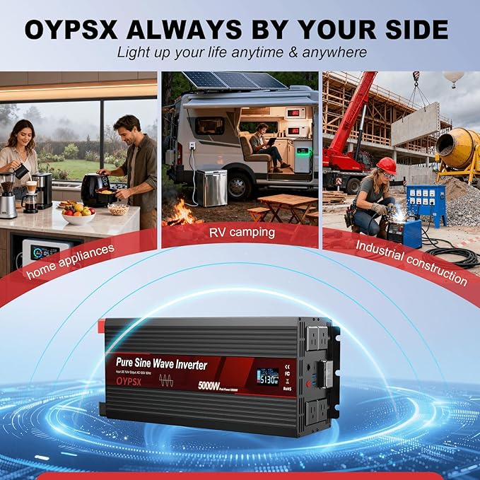 5000W Power Inverter 12V to 110V 120V AC Pure Sine Wave Inverters for RV Truck Camping,Outdoor Off-Grid Power Converter with LCD Display,Wired Controller,AC Outlets USB Ports(12V-5000Watt)