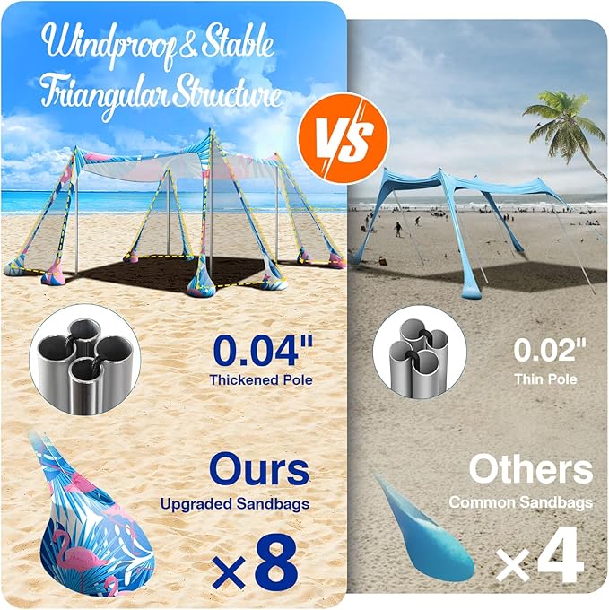 Rhino Valley Beach Tent Shade Canopy UPF50+ Protection, 8 Sandbags, 4 Stability Poles, Outdoor Sun Shelter Umbrella for Sand, Camping, Fishing Essentials