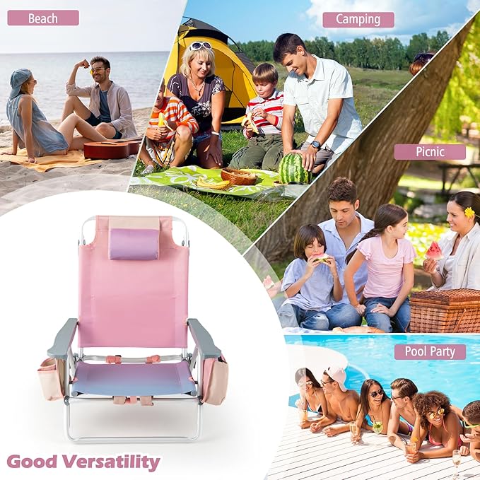 Goplus Beach Chair, Folding Backpack Beach Chairs for Adults with 5 Positions, Head Pillow, Cooler Bag, Towel Bar, Cup Holders, Sunbath Sling Tanning Lounge, Foldable Layout Camping Chairs