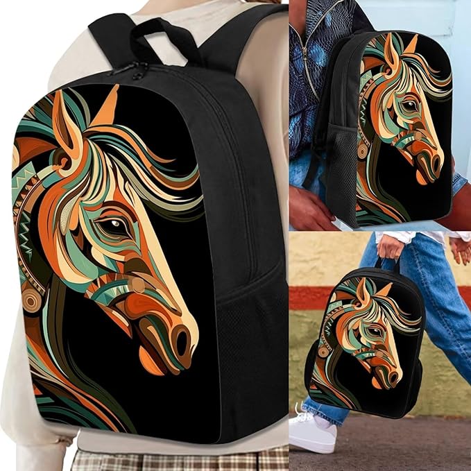 3 PCS Tribal Horse Backpack for Teen Boys 17 Inch Large Capacity Boys Bookbag Age 8-10 Lightweight Teens School Backpack with Lunch Bag for Elementary School Travel Hiking Rucksack