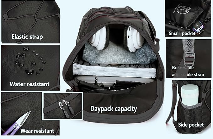 16L Foldable Backpack & Bucket Hat 2 In 1 Combo, Lightweight packable Travel Set, Compact Daypack with Sun Hat (Black)
