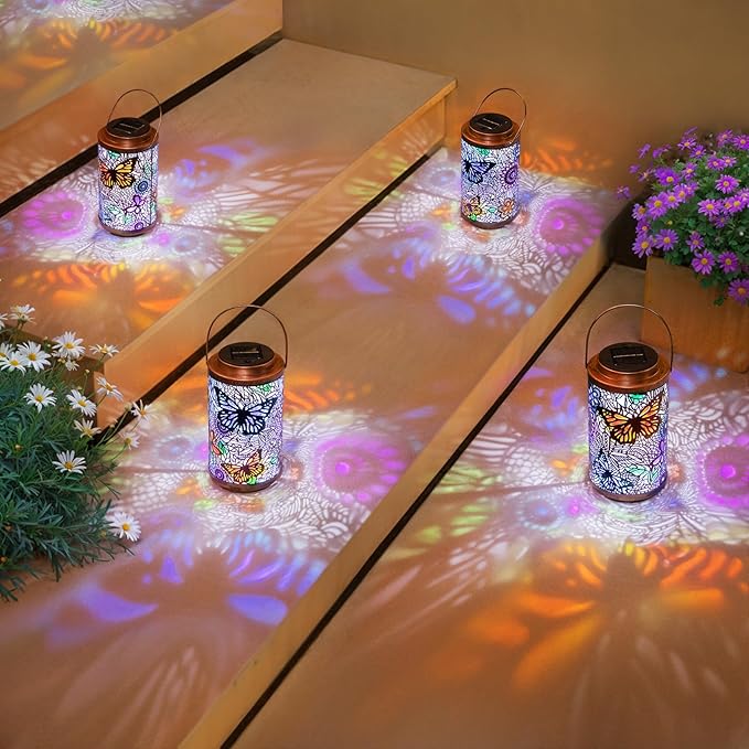 2Pack Solar Outdoor Lanterns Waterproof Butterfly Garden Gifts for Women, Multicolor Solar Outside Lights Lantern for Yard, Backyard, Porch, Mothers Day Gifts for Mom Grandma Wife