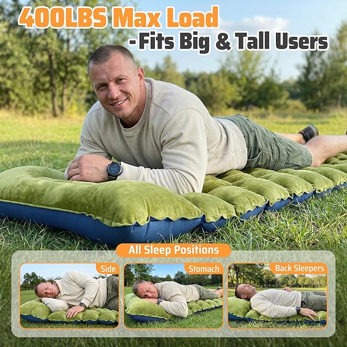 4" Thick Double-Sided Camping Sleeping Pad | Warm Velvet Top, Waterproof Nylon Bottom | Inflatable Mattress for Backpacking & Cold Weather