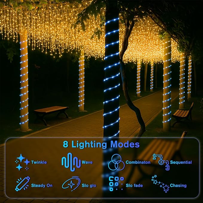 ANJAYLIA 33FT 100 LED Solar Rope Lights Outdoor Waterproof, Solar Powered Rope String Lights with 8 Modes for Outdoor, Patio, Garden, Camping, Holiday & Christmas Décor Blue